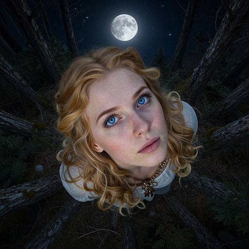 Photograph of a fair-skinned woman with blue eyes and curly blonde hair, gazing up at a full moon in a dark, forested night