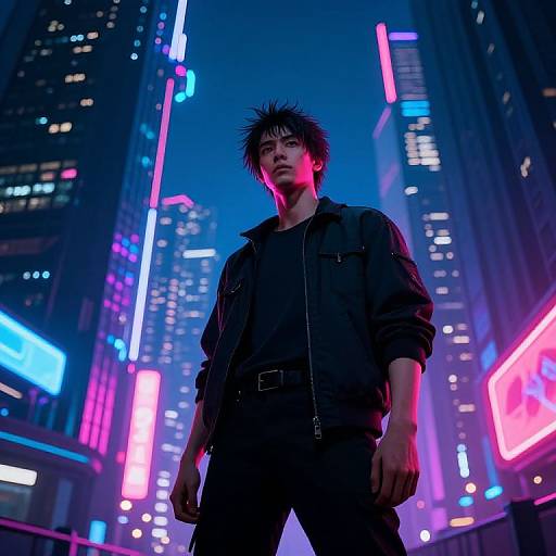 Confident Guy with Tall Hair in Cyberpunk City