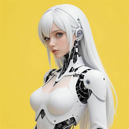 Digital CGI of a white-haired, blue-eyed, cybernetic woman with large breasts and black-white robotic armor against a bright yellow background.