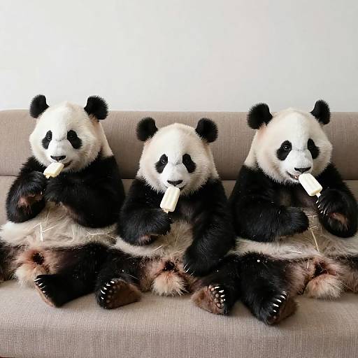 Photograph of three full-body panda plush toys with black and white fur, sitting on a beige couch, each holding a piece of bamboo.