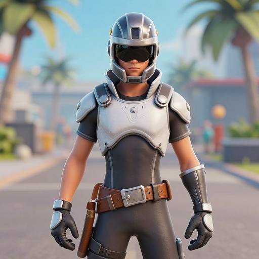 CGI image of a muscular man in black bodysuit, silver armor, and helmet, with sunglasses, standing on sunny street with palm trees.
