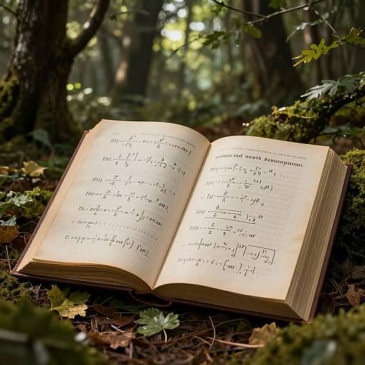 Photograph of an open, aged book with mathematical equations, lying on a forest floor covered in moss, leaves, and sunlight filtering through trees.