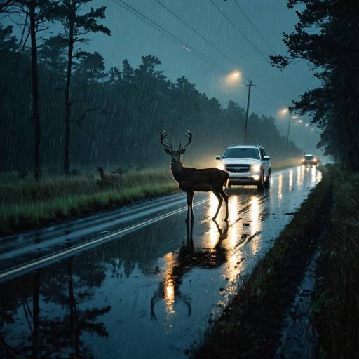 Cautious Deer on Rain-Slick Road Cautious Deer on Rain-Slick Road