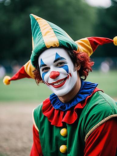 Smiling Man in Jester Costume with Face Paint