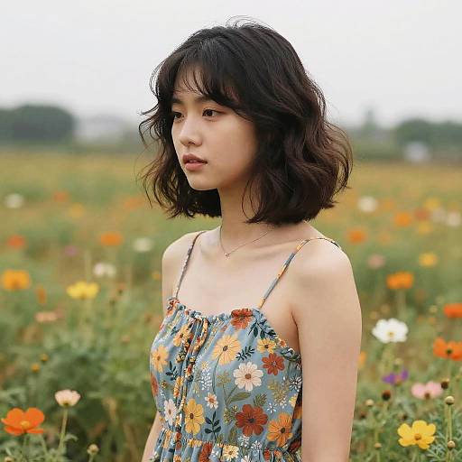 Photograph of an Asian woman with shoulder-length black hair, wearing a floral sundress, standing in a colorful wildflower field.