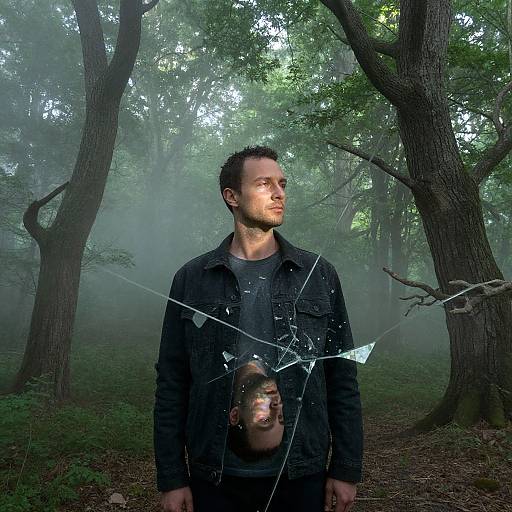 Photograph of a man with short dark hair, wearing a black denim jacket, standing in a misty forest with trees; his shirt features a cracked