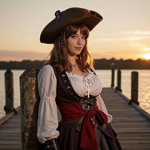 Photograph of a fair-skinned woman with brown hair, wearing a pirate hat, white blouse, brown vest, red sash, standing on a