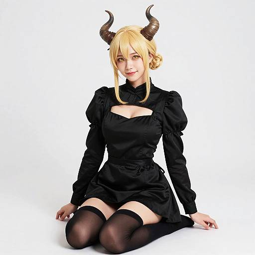 Smiling Horned Maid in Black Dress