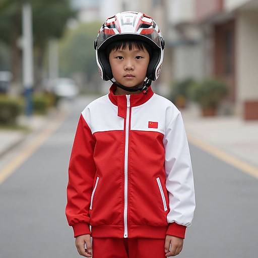 Young Asian boy wearing red and white racing jacket, matching pants, and helmet standing on a blurred suburban street.
