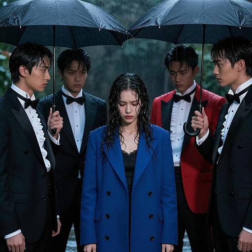 Rainy Night Scene with Five People