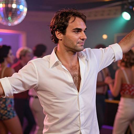 Photograph of a dark-haired man in a partially unbuttoned white shirt dancing in a lively club with colorful lights and blurred dancers in the background.