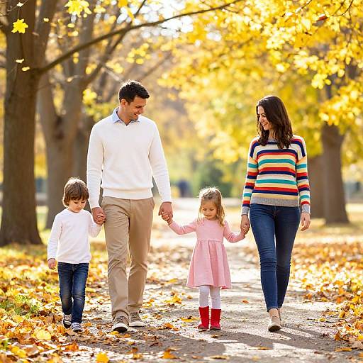 Photograph of a smiling family holding hands on a sunlit autumn path, with golden leaves, the father in a white sweater, mother in a colorful
