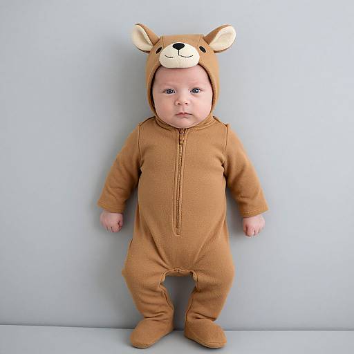 Photograph of a baby in a brown, zippered, bear onesie with ears and a smiling face, standing against a plain light gray background.