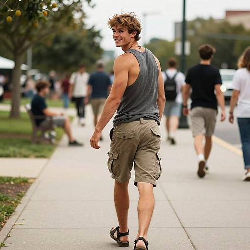 Joyful Young Man Walking Backward
