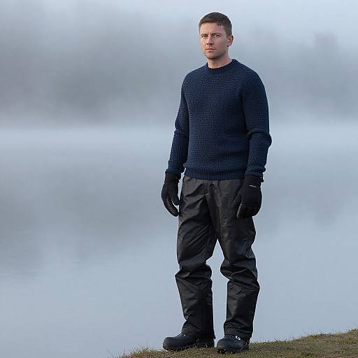 Photograph of a serious, fair-skinned man with short brown hair, wearing a navy sweater, black gloves, and pants, standing on a grass
