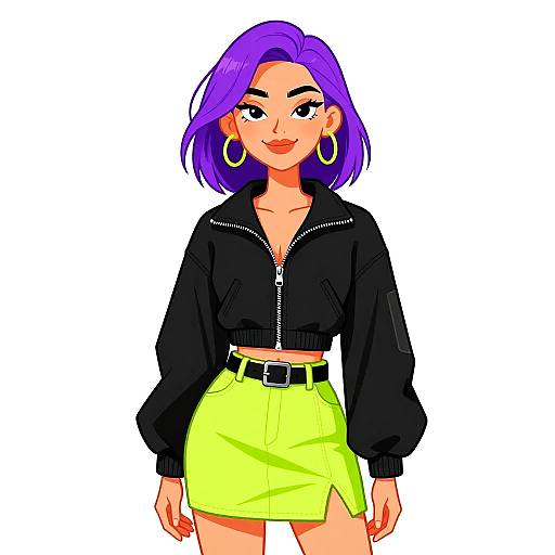 Digital illustration of a confident woman with vibrant purple hair, wearing a black zip-up jacket, yellow skirt, and large hoop earrings.