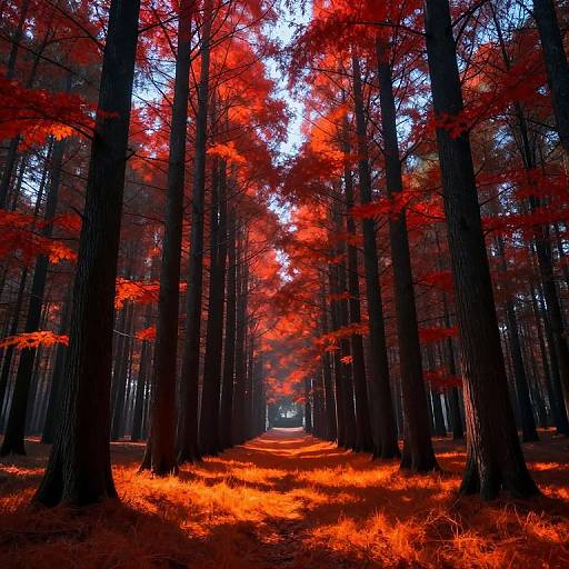 Photograph of a forest with tall, dark trees, vibrant red leaves, and a glowing orange path leading to a bright light.