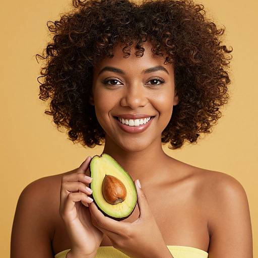 Smiling Woman Holding Halved Avocado