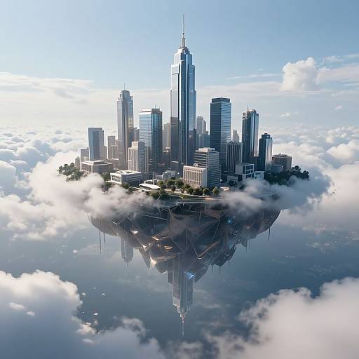 Digital artwork of a floating city with tall skyscrapers, including a central spire, surrounded by clouds, reflecting below in a mirror-like surface.