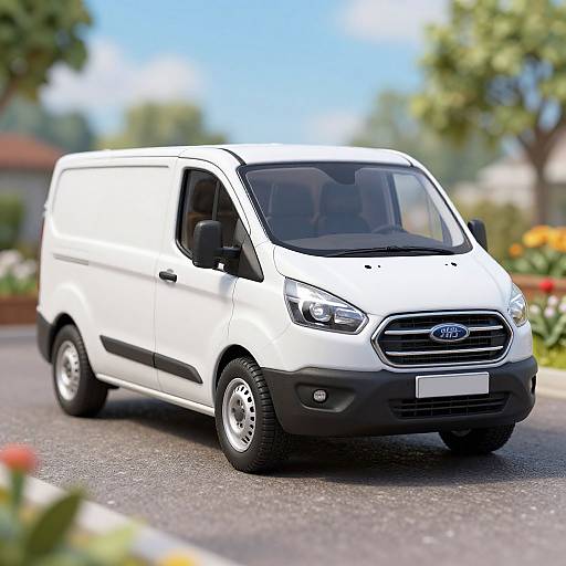 Photorealistic CGI of a white Ford compact van driving on a sunny suburban street with blurred greenery and flowers in the background.