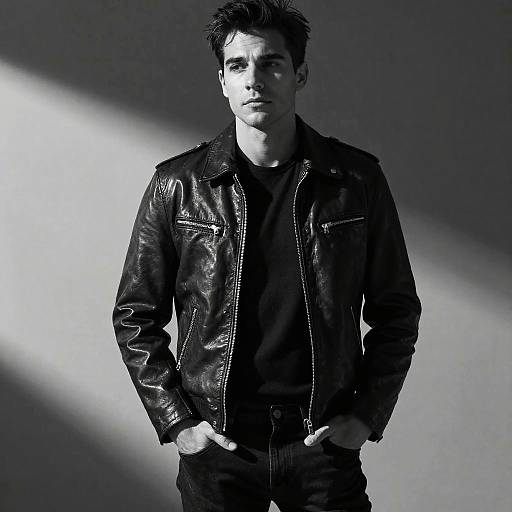 Black-and-white photograph of a serious, dark-haired man in a leather jacket, hands in pockets, standing in dramatic sunlight.