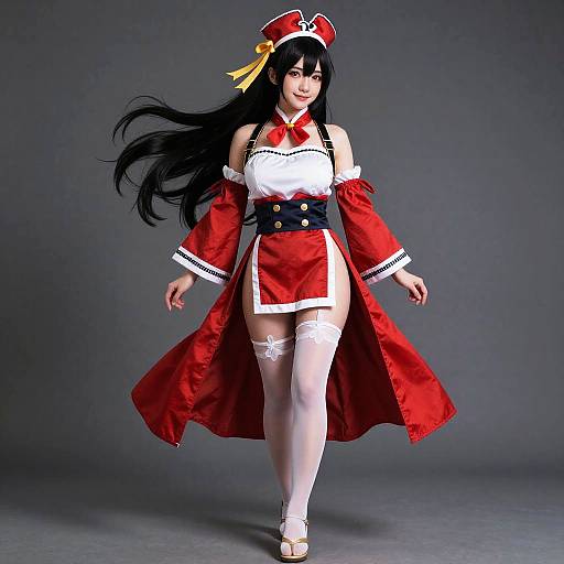 Photograph of a smiling Asian woman with long black hair, wearing a red and white military-inspired cosplay outfit, white stockings, and red hat, walking