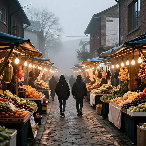 Misty Market Street with Hooded Figures