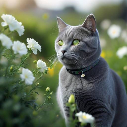 Realistic Chartreux Cat with Flowers