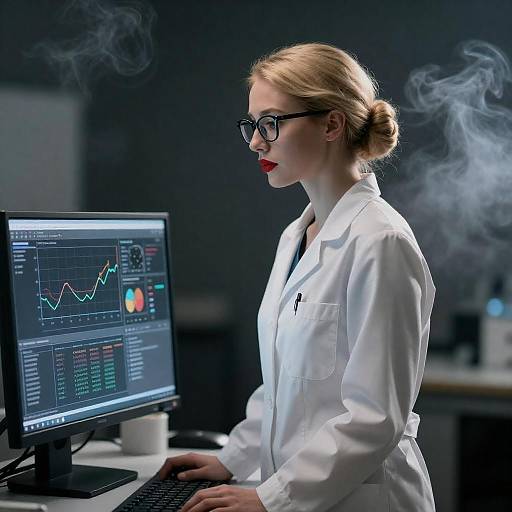 Blonde Scientist Analyzing Data on Monitor