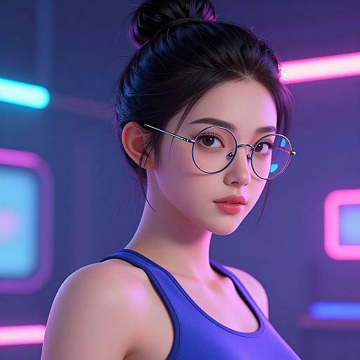 CGI image of a young Asian woman with pale skin, black hair in a bun, wearing round glasses and a blue tank top, set against a