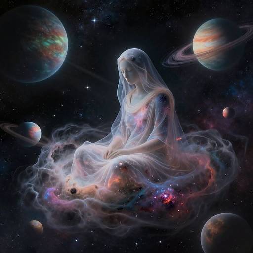 Digital artwork of a translucent, ethereal woman with flowing veil, sitting in cosmic space, surrounded by colorful planets and nebulae.