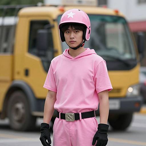 Realistic Photo of Male in Pink Construction Gear