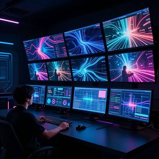 Photograph of a male gamer in a dark room, surrounded by multiple monitors displaying vibrant neon blue and pink digital patterns.