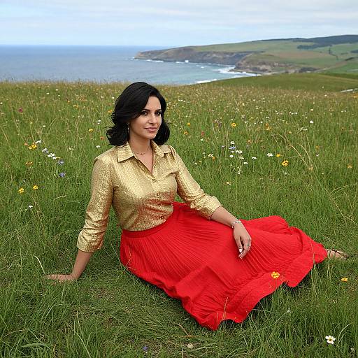 Photograph of a dark-haired woman with a medium build, wearing a gold blouse and red skirt, sitting in a grassy field with wildflowers,