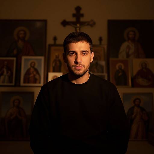 Photograph of a bearded man with short dark hair, wearing a black shirt, standing in a dimly lit room with religious paintings and a cross