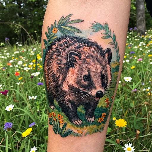 Photorealistic tattoo of a detailed brown and black badger in a colorful meadow with flowers on a human leg.