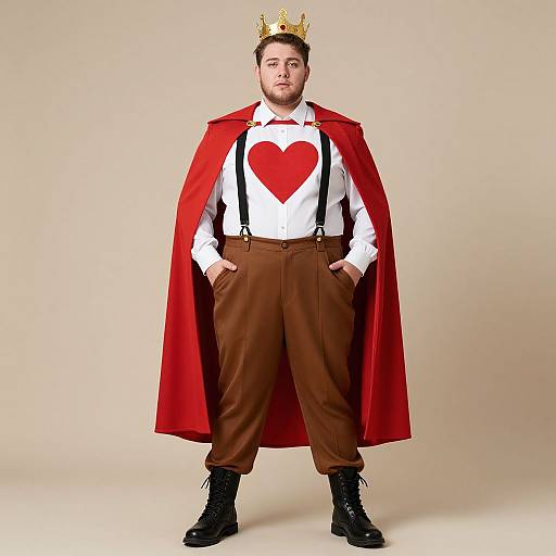 Photograph of a man in a white shirt with red heart, brown pants, red cape, black boots, golden crown, standing against beige background.