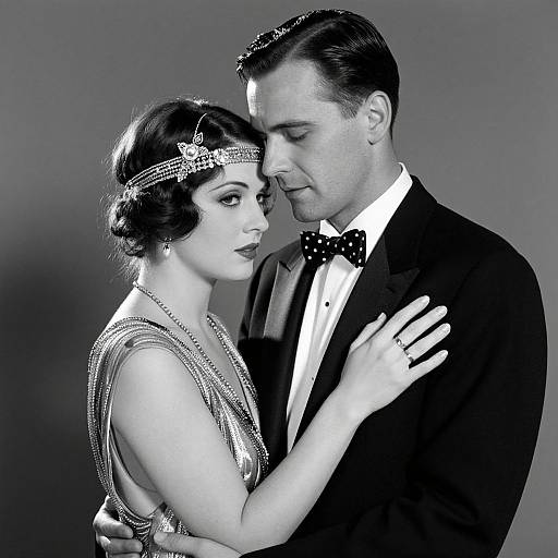 Black-and-white photograph of a 1930s-styled couple; woman in sequined dress and headband, man in tuxedo, g