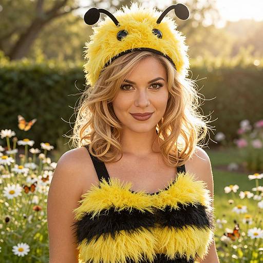 Photograph of a smiling blonde woman in a yellow and black fuzzy bee costume with antennae, standing in a sunlit garden filled with flowers.