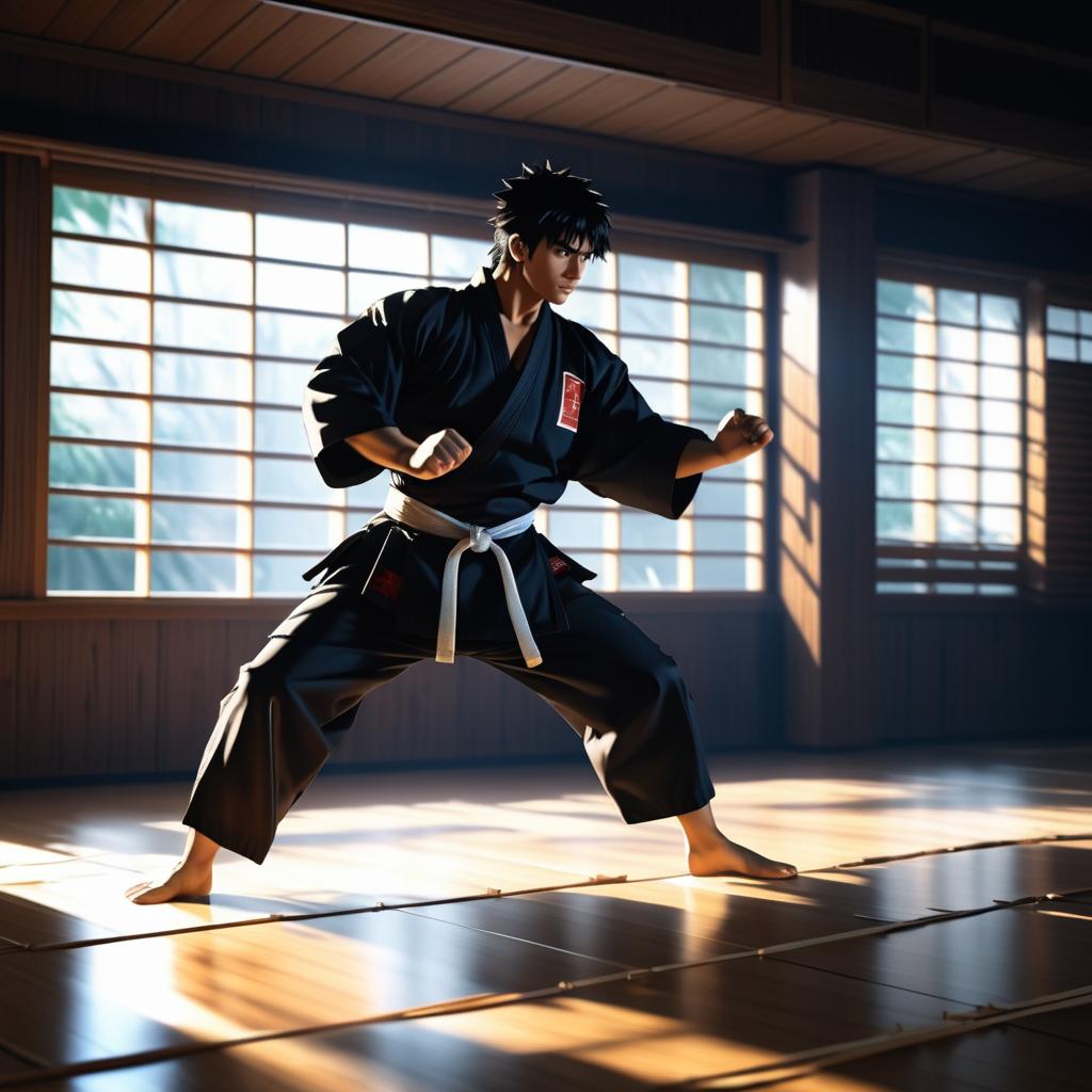 Fierce Martial Artist Breaking Boards in Dojo