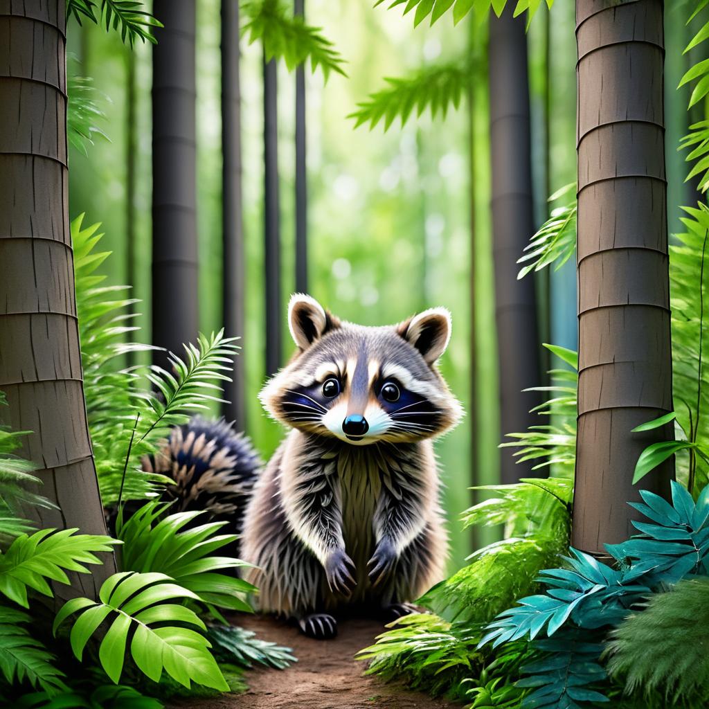 Playful Raccoon in a Lush Forest