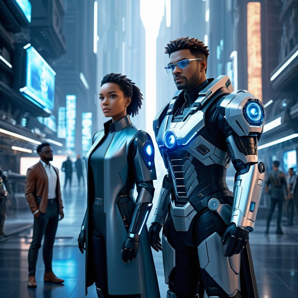 Futuristic Scientist and Robot in City