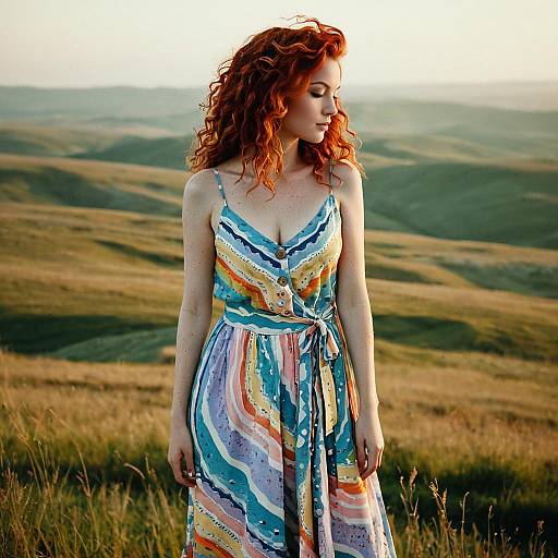 Redhead Woman in Colorful Sundress in Open Field