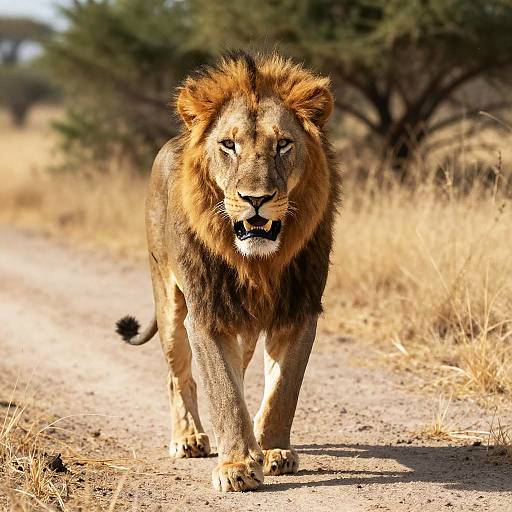 Photograph of a majestic male lion with a thick, golden mane, walking confidently on a dry, dirt path in a savanna. Background includes tall
