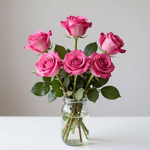 Photograph of a clear glass vase holding six vibrant pink roses with green leaves, set against a plain white background.