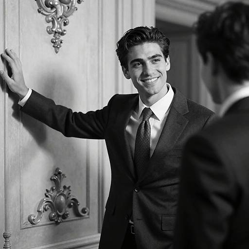 Black-and-white photograph of a smiling young man in a dark suit and tie, standing against an ornate, decorative wall, with another man partially visible