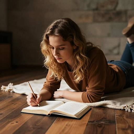 Young Woman Writing in Book on Wooden Floor