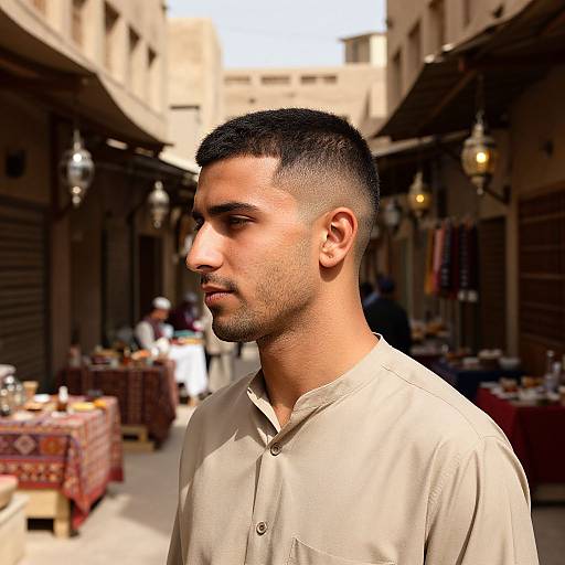 Photograph of a young Middle Eastern man with short black hair, light tan complexion, wearing a beige traditional shirt, standing in a sunlit, narrow