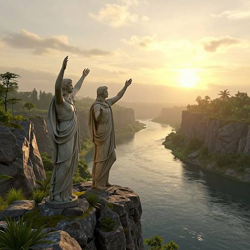 Photograph of two stone statues with raised arms standing on a rocky cliff overlooking a serene river at sunset, surrounded by lush greenery and cliffs.