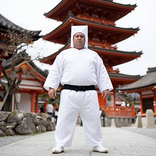 Photograph of a stern-looking male martial artist in white uniform and black belt, standing in front of traditional Japanese temple architecture.
